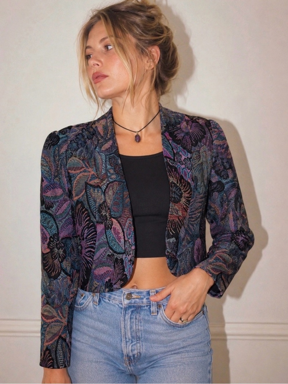 EUC Bedford Fair Vintage Floral Jacquard Cropped Blazer
